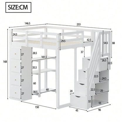 Hochbett 140*200cm mit Aufbewahrungsschublade Kommode mit Regalen, Sicherheits-Kletterleiter mit Aufbewahrungsschubladen, Multifunktionales Massivholzbett Weiß Die alte SKU lautet LDB00278AAK