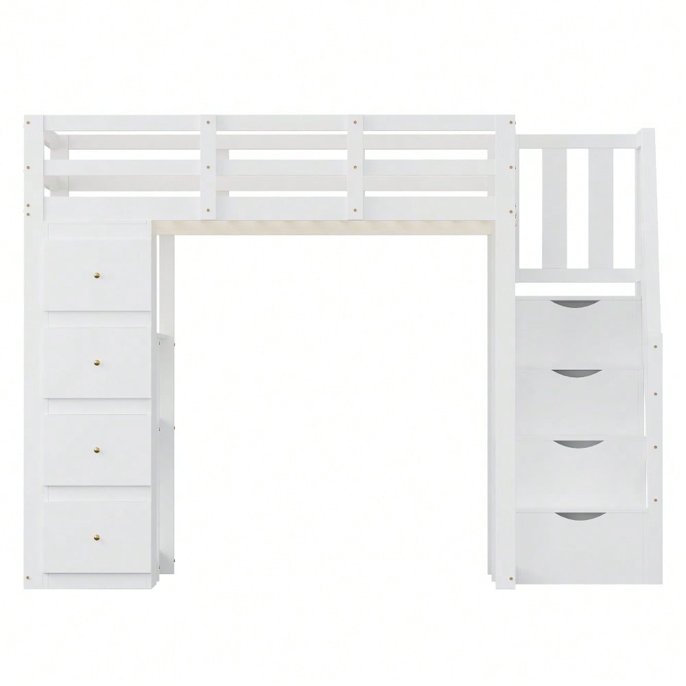 Hochbett 140*200cm mit Aufbewahrungsschublade Kommode mit Regalen, Sicherheits-Kletterleiter mit Aufbewahrungsschubladen, Multifunktionales Massivholzbett Weiß Die alte SKU lautet LDB00278AAK
