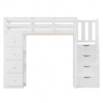Hochbett 140*200cm mit Aufbewahrungsschublade Kommode mit Regalen, Sicherheits-Kletterleiter mit Aufbewahrungsschubladen, Multifunktionales Massivholzbett Weiß Die alte SKU lautet LDB00278AAK