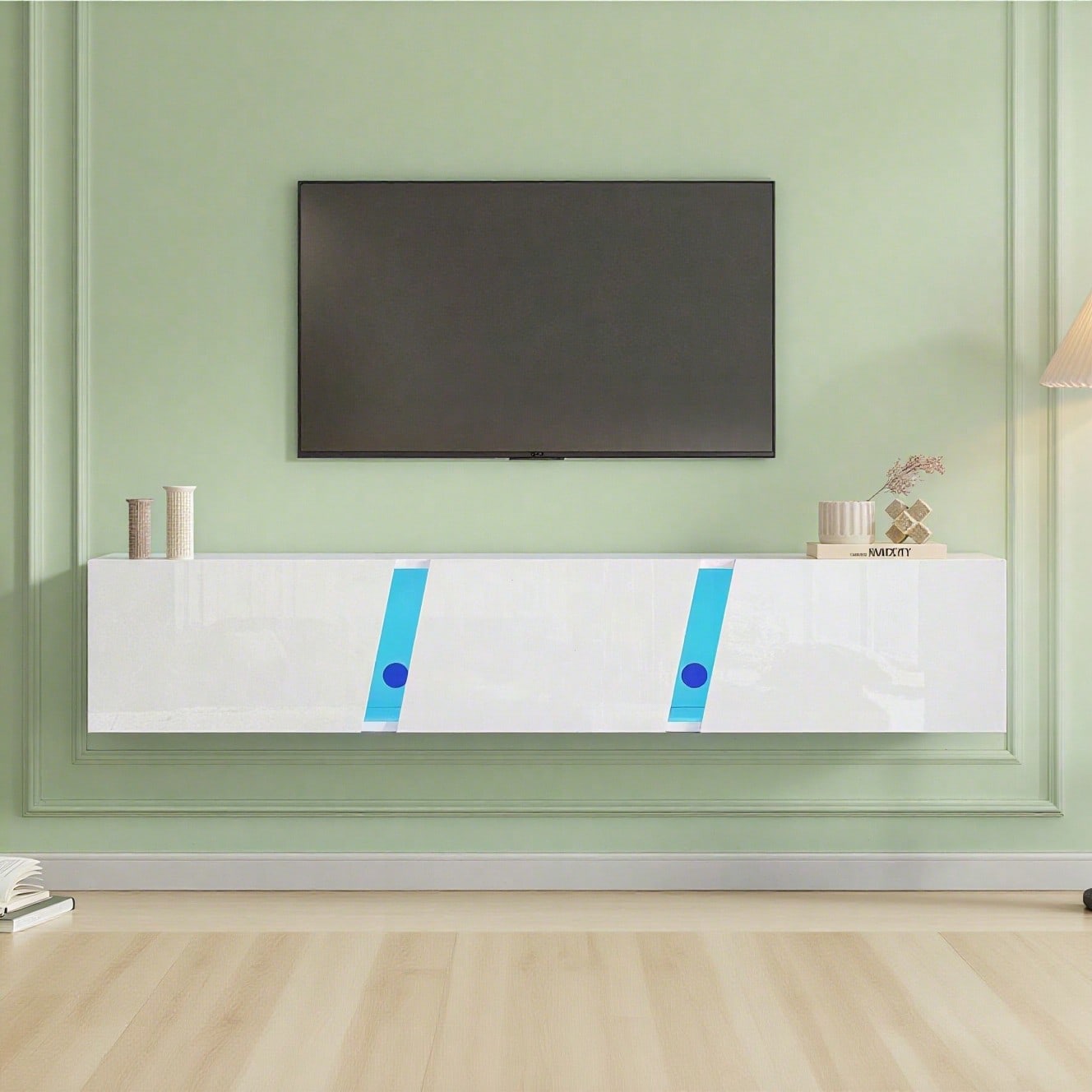 180 x 35 x 30 cm, wandmontierter TV-Schrank, Lowboard TV-Schrank mit  LED-Leuchten, TV-Ständer mit 3 Schranktüren, geeignet für 75-Zoll-Fernseher, TV-Schrank Fernsehschrank Hochglanz, Weiß