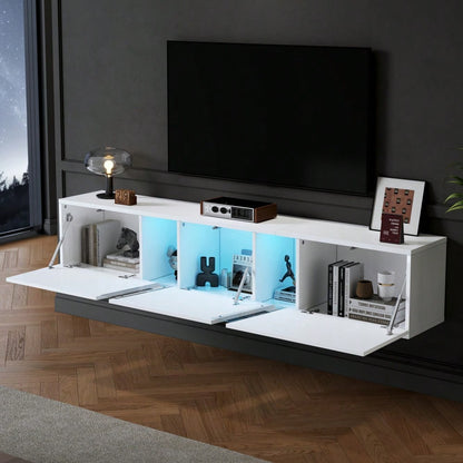 180 x 35 x 30 cm, wandmontierter TV-Schrank, Lowboard TV-Schrank mit  LED-Leuchten, TV-Ständer mit 3 Schranktüren, geeignet für 75-Zoll-Fernseher, TV-Schrank Fernsehschrank Hochglanz, Weiß