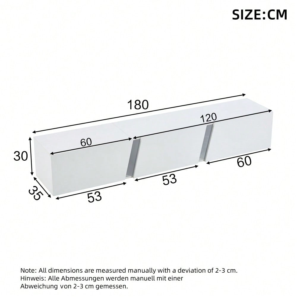 180 x 35 x 30 cm, wandmontierter TV-Schrank, Lowboard TV-Schrank mit  LED-Leuchten, TV-Ständer mit 3 Schranktüren, geeignet für 75-Zoll-Fernseher, TV-Schrank Fernsehschrank Hochglanz, Weiß