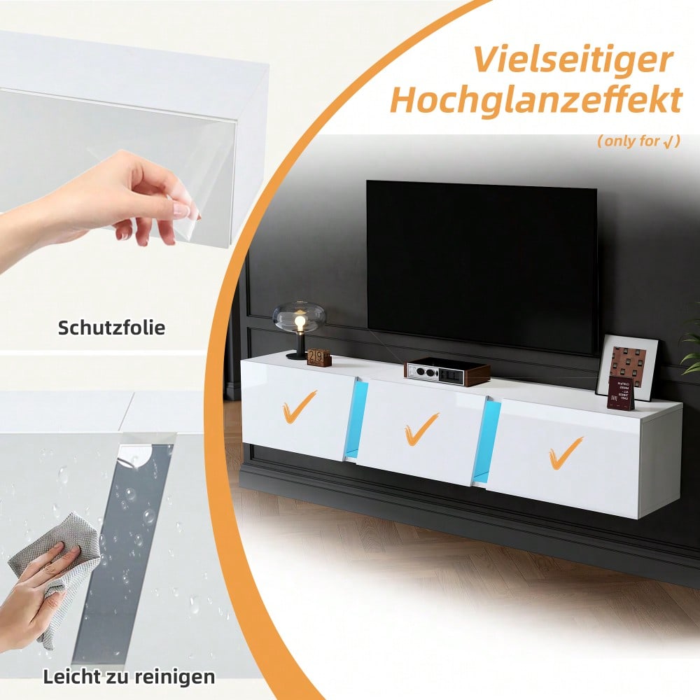 180 x 35 x 30 cm, wandmontierter TV-Schrank, Lowboard TV-Schrank mit  LED-Leuchten, TV-Ständer mit 3 Schranktüren, geeignet für 75-Zoll-Fernseher, TV-Schrank Fernsehschrank Hochglanz, Weiß