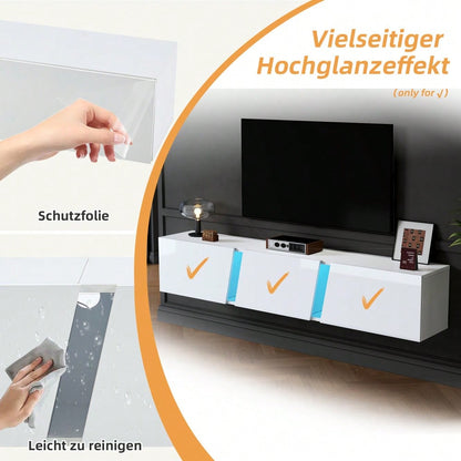 180 x 35 x 30 cm, wandmontierter TV-Schrank, Lowboard TV-Schrank mit  LED-Leuchten, TV-Ständer mit 3 Schranktüren, geeignet für 75-Zoll-Fernseher, TV-Schrank Fernsehschrank Hochglanz, Weiß