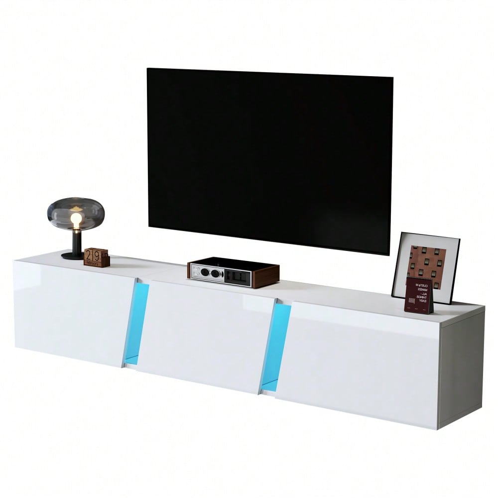 180 x 35 x 30 cm, wandmontierter TV-Schrank, Lowboard TV-Schrank mit  LED-Leuchten, TV-Ständer mit 3 Schranktüren, geeignet für 75-Zoll-Fernseher, TV-Schrank Fernsehschrank Hochglanz, Weiß