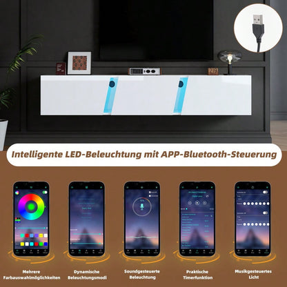 180 x 35 x 30 cm, wandmontierter TV-Schrank, Lowboard TV-Schrank mit  LED-Leuchten, TV-Ständer mit 3 Schranktüren, geeignet für 75-Zoll-Fernseher, TV-Schrank Fernsehschrank Hochglanz, Weiß