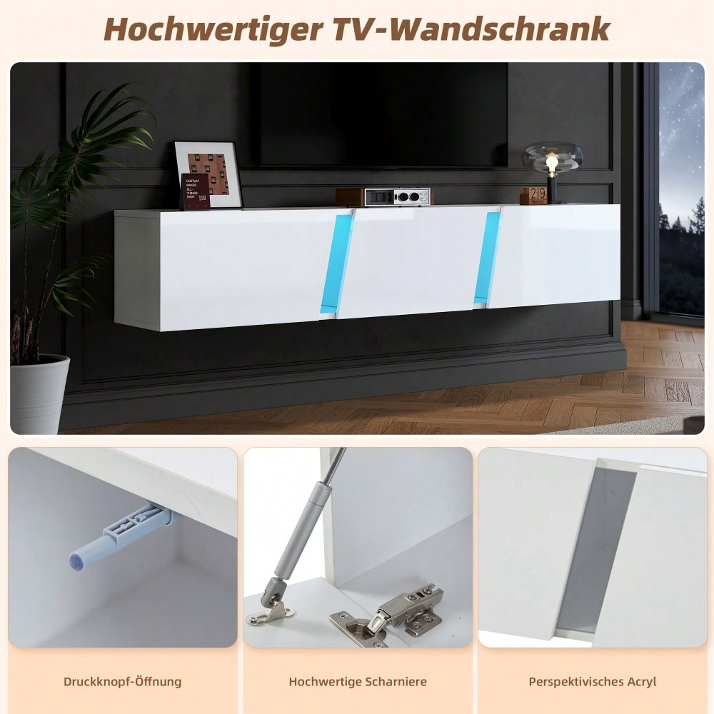 180 x 35 x 30 cm, wandmontierter TV-Schrank, Lowboard TV-Schrank mit  LED-Leuchten, TV-Ständer mit 3 Schranktüren, geeignet für 75-Zoll-Fernseher, TV-Schrank Fernsehschrank Hochglanz, Weiß