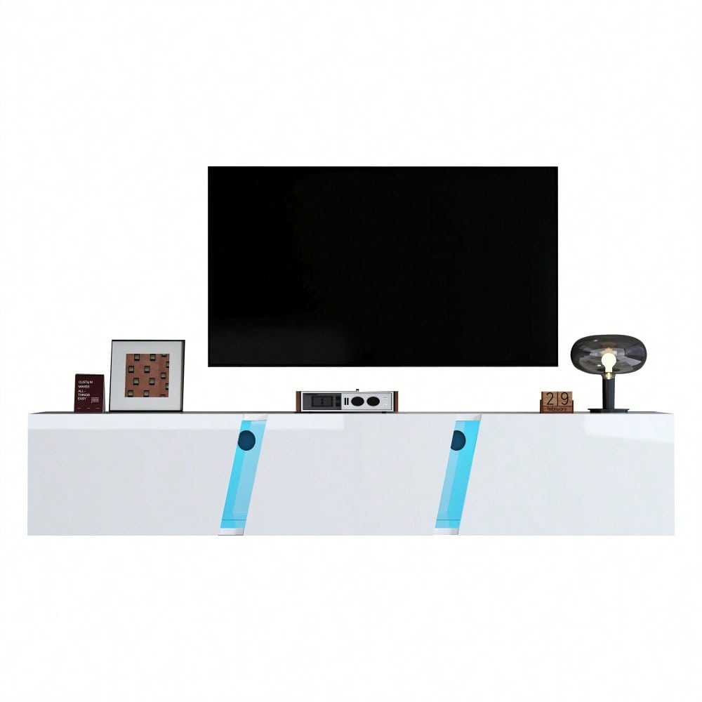 180 x 35 x 30 cm, wandmontierter TV-Schrank, Lowboard TV-Schrank mit  LED-Leuchten, TV-Ständer mit 3 Schranktüren, geeignet für 75-Zoll-Fernseher, TV-Schrank Fernsehschrank Hochglanz, Weiß