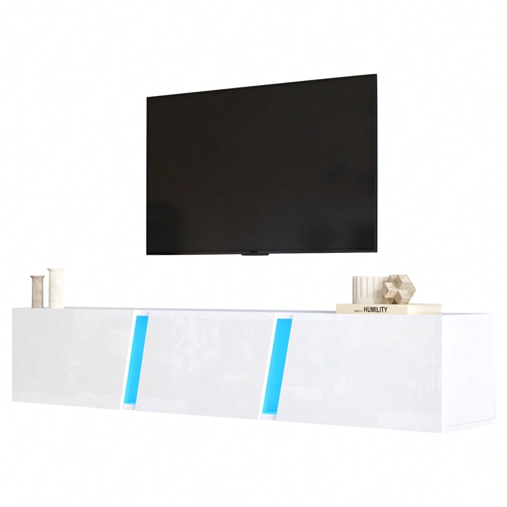 180 x 35 x 30 cm, wandmontierter TV-Schrank, Lowboard TV-Schrank mit  LED-Leuchten, TV-Ständer mit 3 Schranktüren, geeignet für 75-Zoll-Fernseher, TV-Schrank Fernsehschrank Hochglanz, Weiß