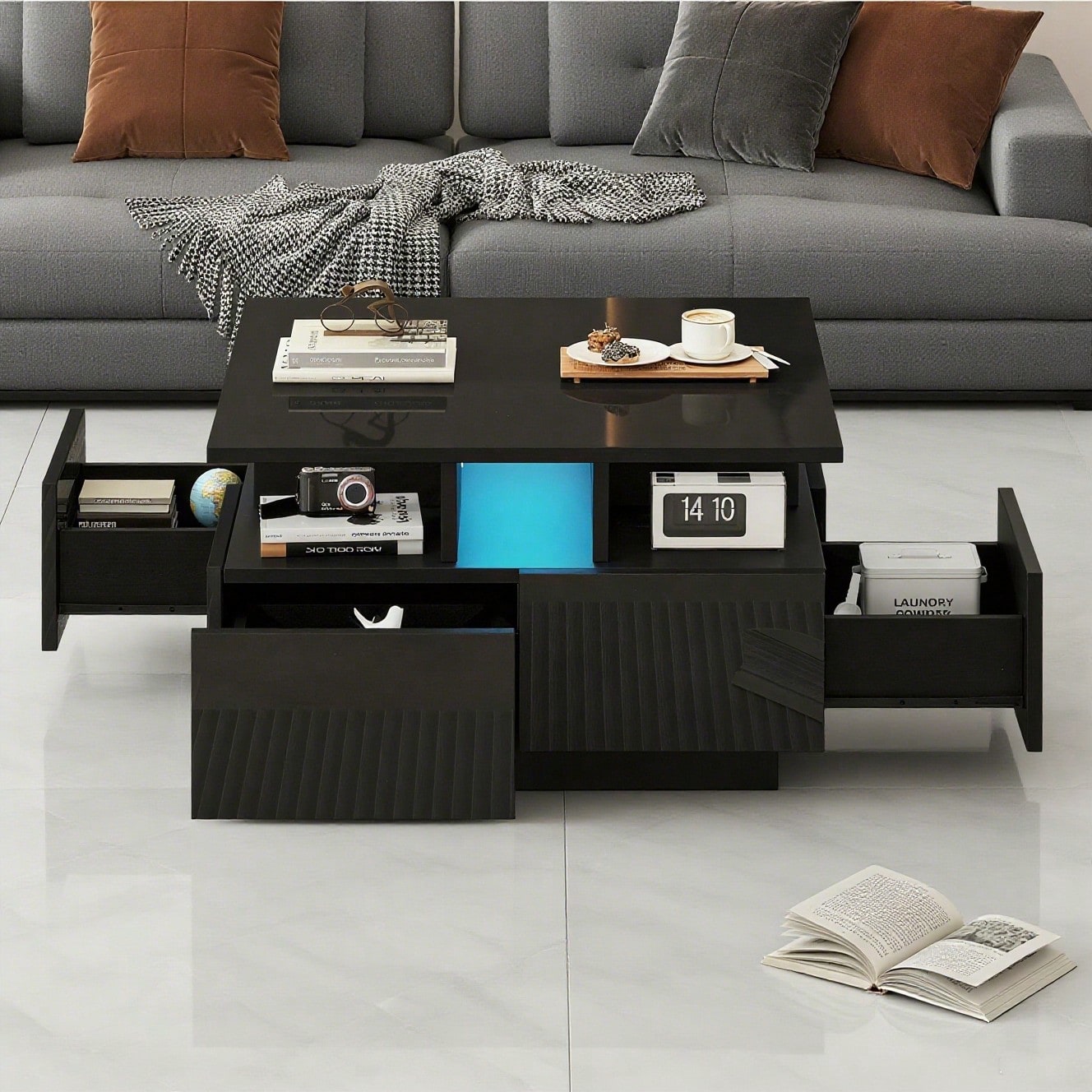 70*70*40cm wohnzimmer teetisch, hochglanz kaffeetisch,  Couchtisch mit LED licht, sofatisch mit 4 schubladen,Beistelltisch mit geometrische Design, Schwarz, Gesamttragkraft 30kg