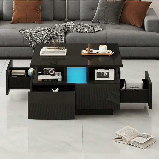 70*70*40cm wohnzimmer teetisch, hochglanz kaffeetisch,  Couchtisch mit LED licht, sofatisch mit 4 schubladen,Beistelltisch mit geometrische Design, Schwarz, Gesamttragkraft 30kg