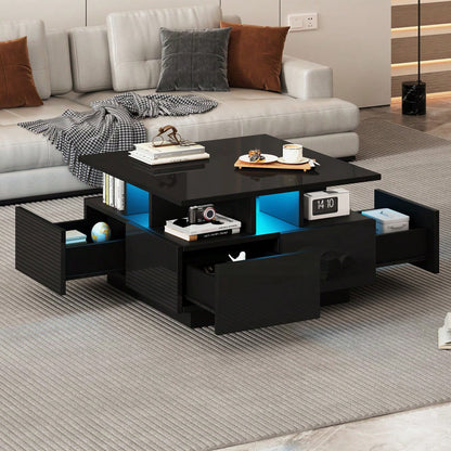70*70*40cm wohnzimmer teetisch, hochglanz kaffeetisch,  Couchtisch mit LED licht, sofatisch mit 4 schubladen,Beistelltisch mit geometrische Design, Schwarz, Gesamttragkraft 30kg