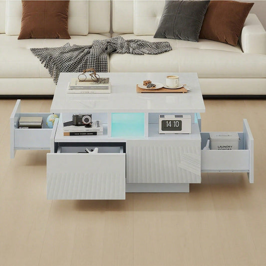 70*70*40cm wohnzimmer teetisch, hochglanz kaffeetisch,  Couchtisch mit LED licht, sofatisch mit 4 schubladen,Beistelltisch mit geometrische Design, Weiß, Gesamttragkraft 30kg