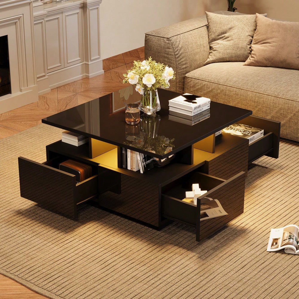 70*70*40cm wohnzimmer teetisch, hochglanz kaffeetisch,  Couchtisch mit LED licht, sofatisch mit 4 schubladen,Beistelltisch mit geometrische Design, Schwarz, Gesamttragkraft 30kg