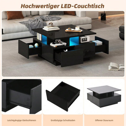 70*70*40cm wohnzimmer teetisch, hochglanz kaffeetisch,  Couchtisch mit LED licht, sofatisch mit 4 schubladen,Beistelltisch mit geometrische Design, Schwarz, Gesamttragkraft 30kg