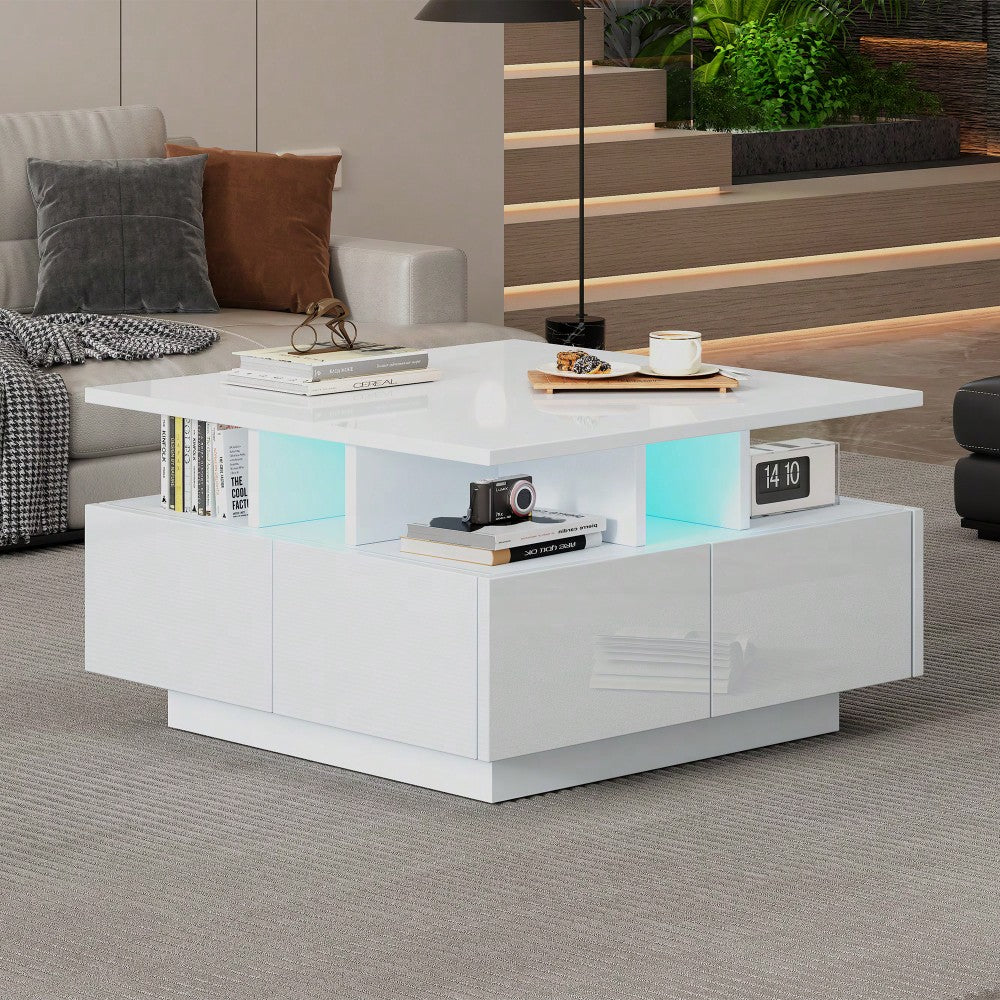 70*70*40cm wohnzimmer teetisch, hochglanz kaffeetisch,  Couchtisch mit LED licht, sofatisch mit 4 schubladen,Beistelltisch mit geometrische Design, Weiß, Gesamttragkraft 30kg