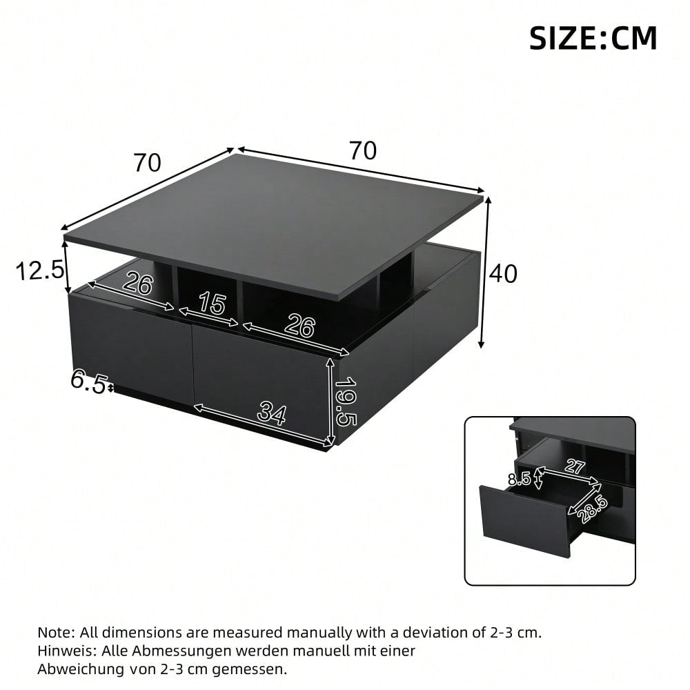 70*70*40cm wohnzimmer teetisch, hochglanz kaffeetisch,  Couchtisch mit LED licht, sofatisch mit 4 schubladen,Beistelltisch mit geometrische Design, Schwarz, Gesamttragkraft 30kg