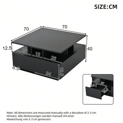 70*70*40cm wohnzimmer teetisch, hochglanz kaffeetisch,  Couchtisch mit LED licht, sofatisch mit 4 schubladen,Beistelltisch mit geometrische Design, Schwarz, Gesamttragkraft 30kg