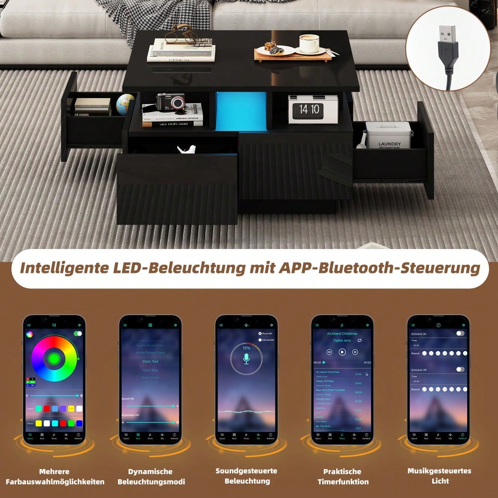 70*70*40cm wohnzimmer teetisch, hochglanz kaffeetisch,  Couchtisch mit LED licht, sofatisch mit 4 schubladen,Beistelltisch mit geometrische Design, Schwarz, Gesamttragkraft 30kg