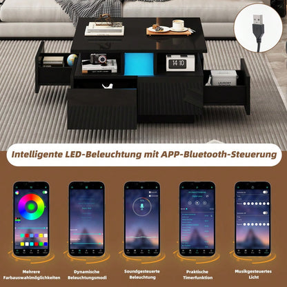 70*70*40cm wohnzimmer teetisch, hochglanz kaffeetisch,  Couchtisch mit LED licht, sofatisch mit 4 schubladen,Beistelltisch mit geometrische Design, Schwarz, Gesamttragkraft 30kg
