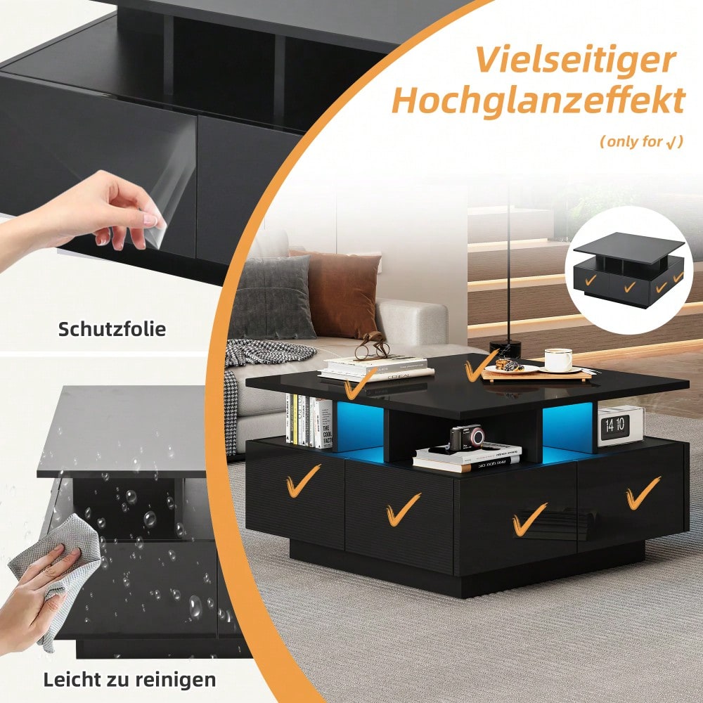 70*70*40cm wohnzimmer teetisch, hochglanz kaffeetisch,  Couchtisch mit LED licht, sofatisch mit 4 schubladen,Beistelltisch mit geometrische Design, Schwarz, Gesamttragkraft 30kg