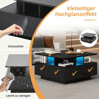 70*70*40cm wohnzimmer teetisch, hochglanz kaffeetisch,  Couchtisch mit LED licht, sofatisch mit 4 schubladen,Beistelltisch mit geometrische Design, Schwarz, Gesamttragkraft 30kg