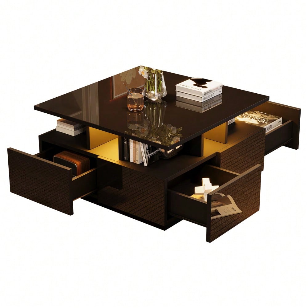 70*70*40cm wohnzimmer teetisch, hochglanz kaffeetisch,  Couchtisch mit LED licht, sofatisch mit 4 schubladen,Beistelltisch mit geometrische Design, Schwarz, Gesamttragkraft 30kg