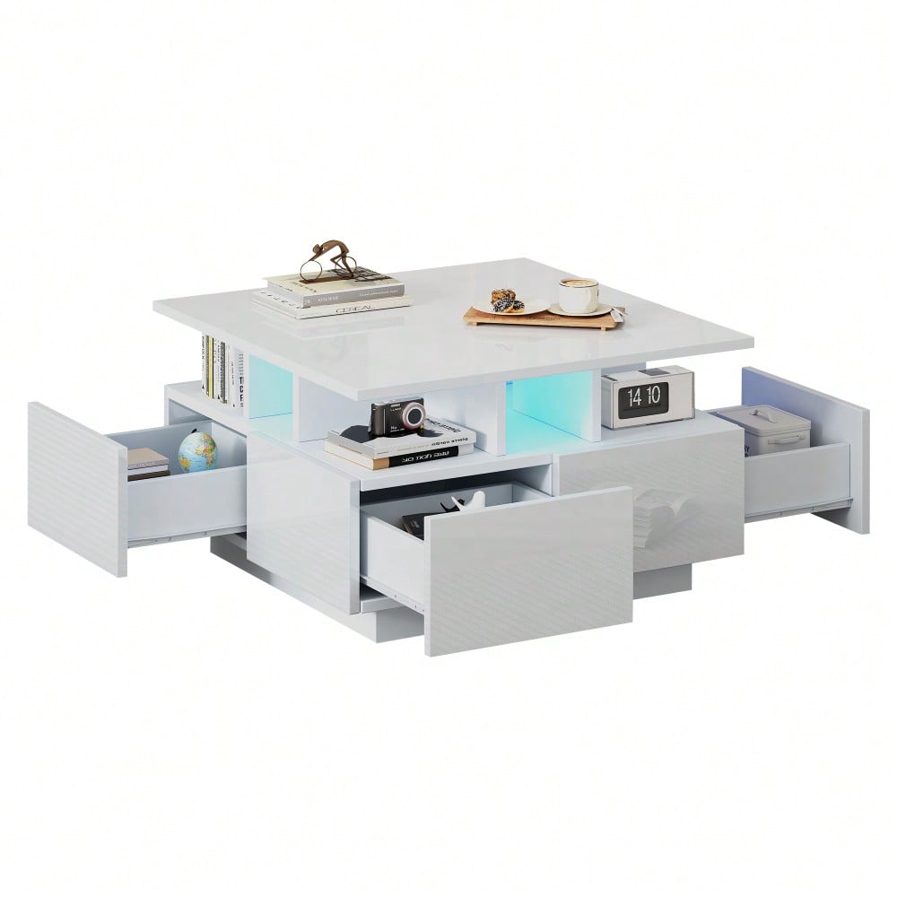 70*70*40cm wohnzimmer teetisch, hochglanz kaffeetisch,  Couchtisch mit LED licht, sofatisch mit 4 schubladen,Beistelltisch mit geometrische Design, Weiß, Gesamttragkraft 30kg