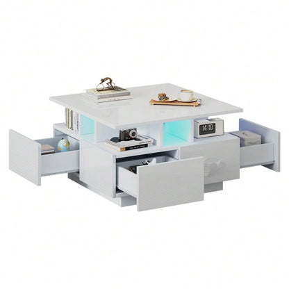 70*70*40cm wohnzimmer teetisch, hochglanz kaffeetisch,  Couchtisch mit LED licht, sofatisch mit 4 schubladen,Beistelltisch mit geometrische Design, Weiß, Gesamttragkraft 30kg