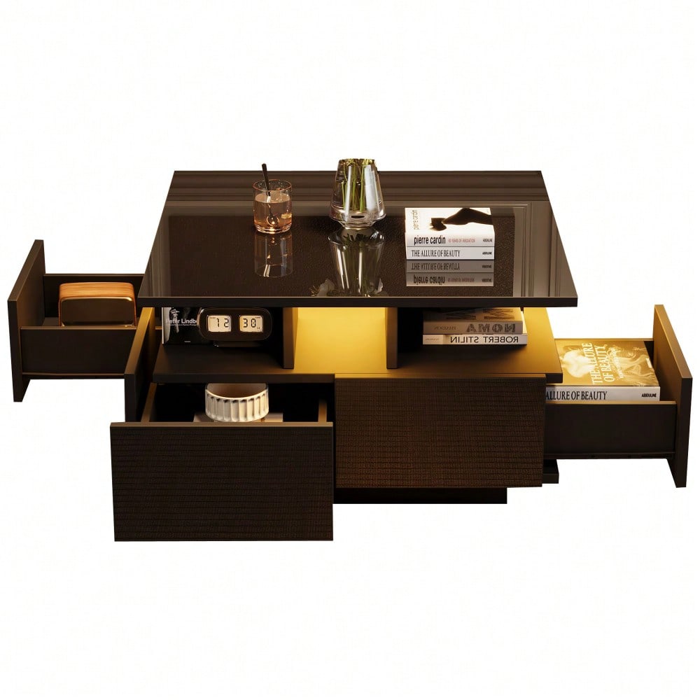 70*70*40cm wohnzimmer teetisch, hochglanz kaffeetisch,  Couchtisch mit LED licht, sofatisch mit 4 schubladen,Beistelltisch mit geometrische Design, Schwarz, Gesamttragkraft 30kg