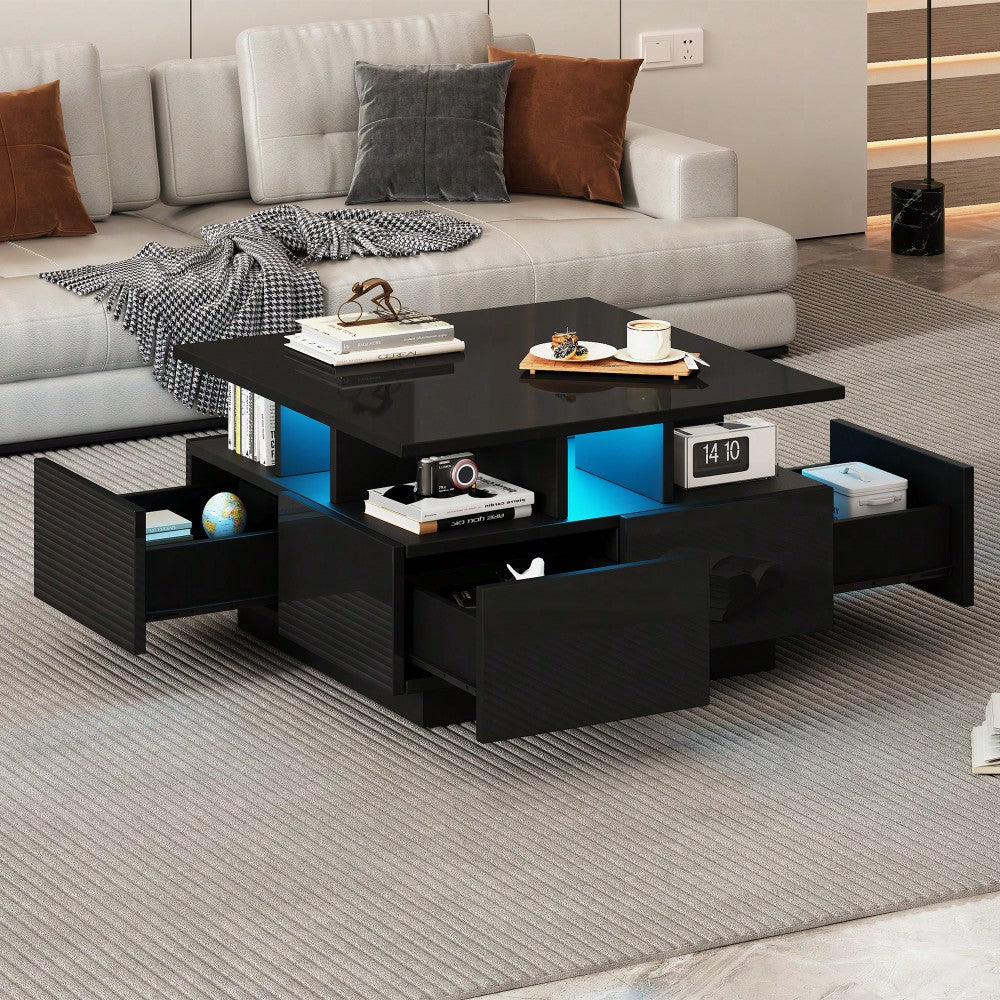 70*70*40cm wohnzimmer teetisch, hochglanz kaffeetisch,  Couchtisch mit LED licht, sofatisch mit 4 schubladen,Beistelltisch mit geometrische Design, Schwarz, Gesamttragkraft 30kg