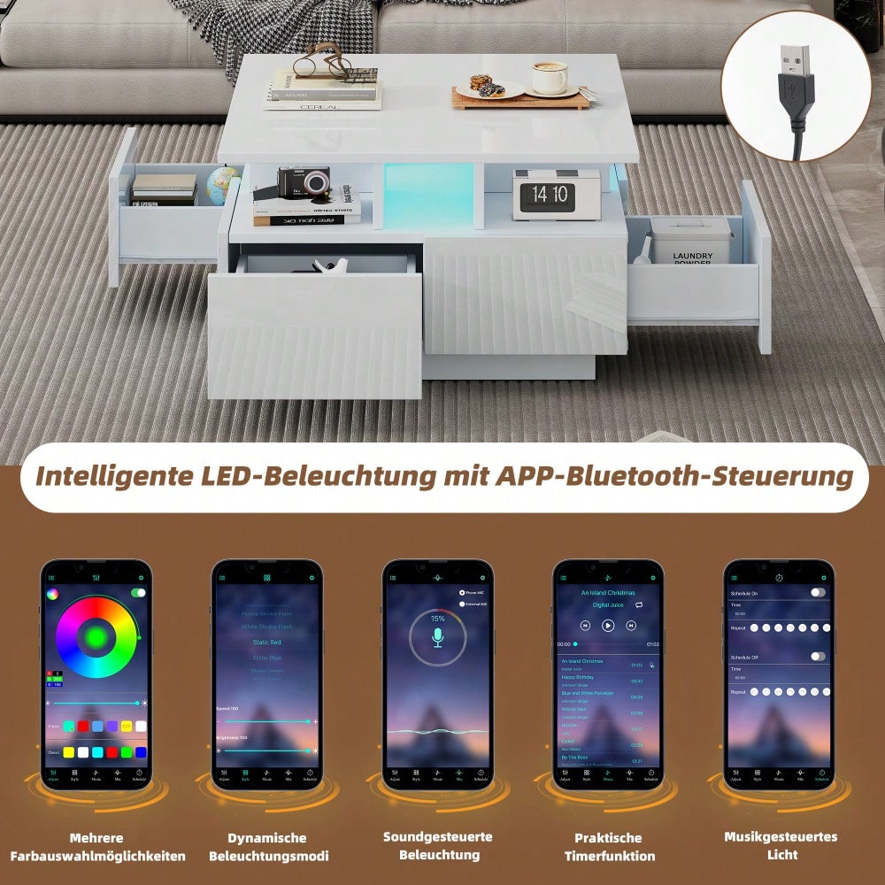 70*70*40cm wohnzimmer teetisch, hochglanz kaffeetisch,  Couchtisch mit LED licht, sofatisch mit 4 schubladen,Beistelltisch mit geometrische Design, Weiß, Gesamttragkraft 30kg