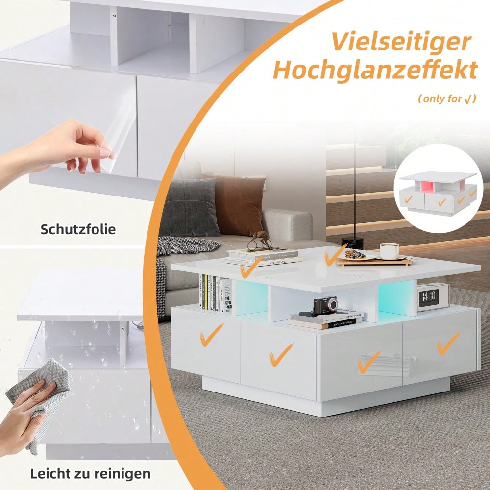 70*70*40cm wohnzimmer teetisch, hochglanz kaffeetisch,  Couchtisch mit LED licht, sofatisch mit 4 schubladen,Beistelltisch mit geometrische Design, Weiß, Gesamttragkraft 30kg