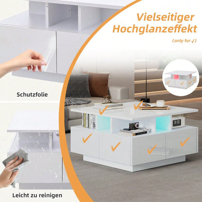 70*70*40cm wohnzimmer teetisch, hochglanz kaffeetisch,  Couchtisch mit LED licht, sofatisch mit 4 schubladen,Beistelltisch mit geometrische Design, Weiß, Gesamttragkraft 30kg