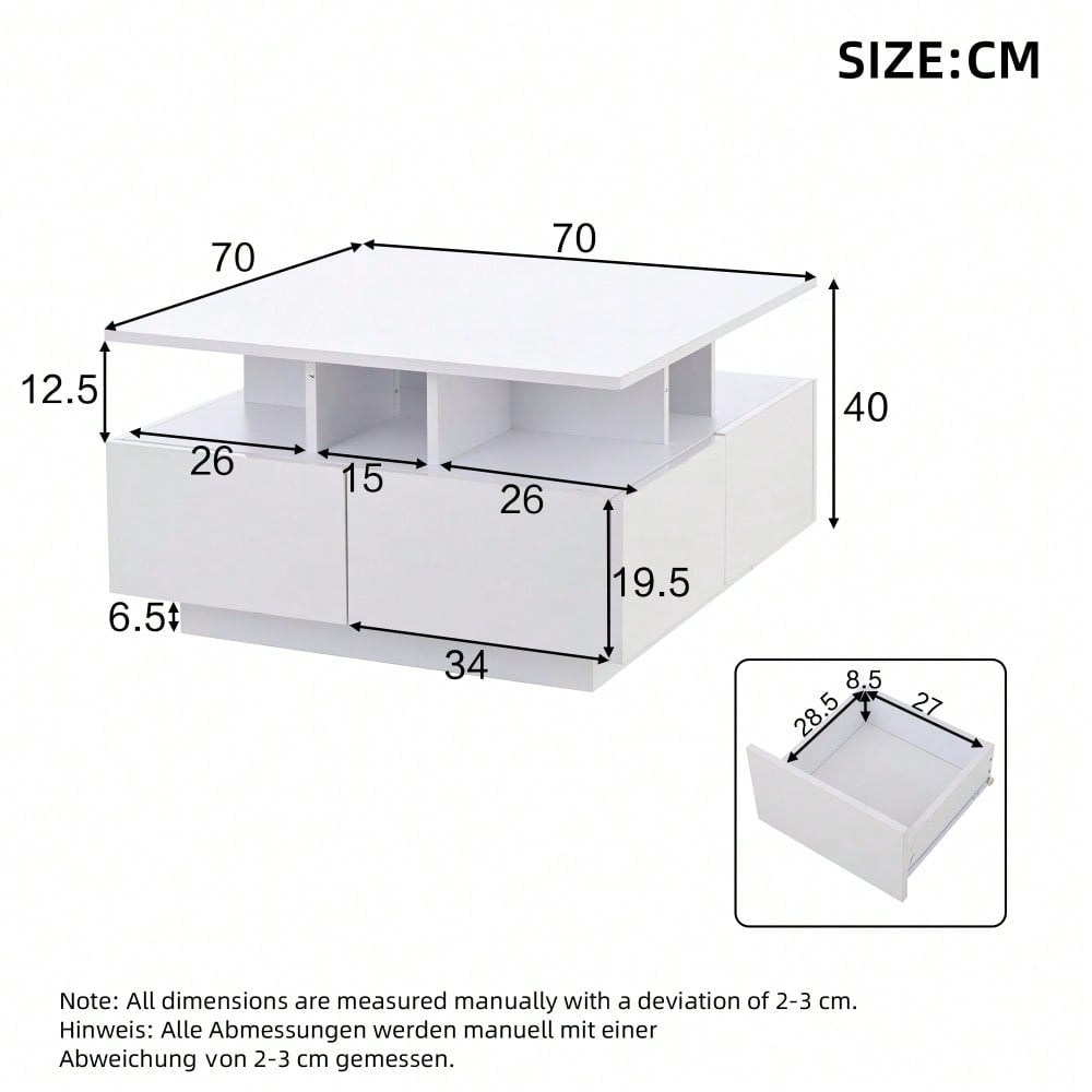 70*70*40cm wohnzimmer teetisch, hochglanz kaffeetisch,  Couchtisch mit LED licht, sofatisch mit 4 schubladen,Beistelltisch mit geometrische Design, Weiß, Gesamttragkraft 30kg