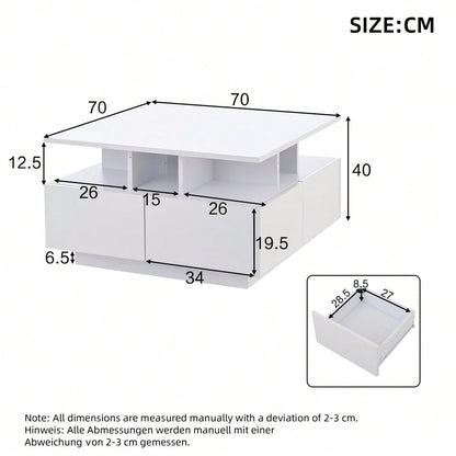 70*70*40cm wohnzimmer teetisch, hochglanz kaffeetisch,  Couchtisch mit LED licht, sofatisch mit 4 schubladen,Beistelltisch mit geometrische Design, Weiß, Gesamttragkraft 30kg