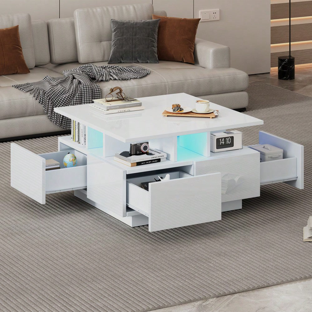 70*70*40cm wohnzimmer teetisch, hochglanz kaffeetisch,  Couchtisch mit LED licht, sofatisch mit 4 schubladen,Beistelltisch mit geometrische Design, Weiß, Gesamttragkraft 30kg