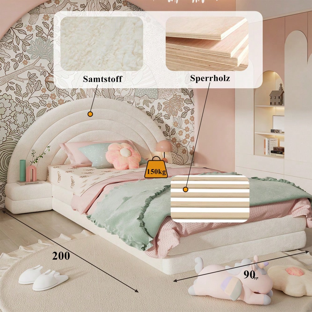 Einzelbett Polsterbett, Bettkopf in Regenbogenform, mit beidseitigen Tischen, einfach, stilvoll und bequem, Modernes Bettgestell, Vliesimitat, Beige, 90x200cm