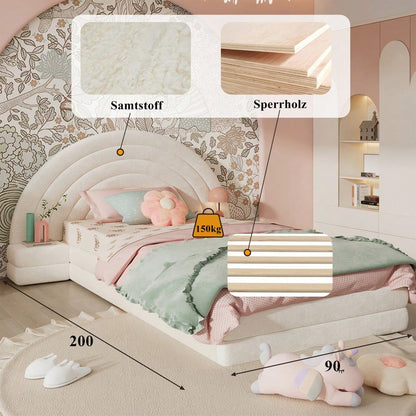 Einzelbett Polsterbett, Bettkopf in Regenbogenform, mit beidseitigen Tischen, einfach, stilvoll und bequem, Modernes Bettgestell, Vliesimitat, Beige, 90x200cm