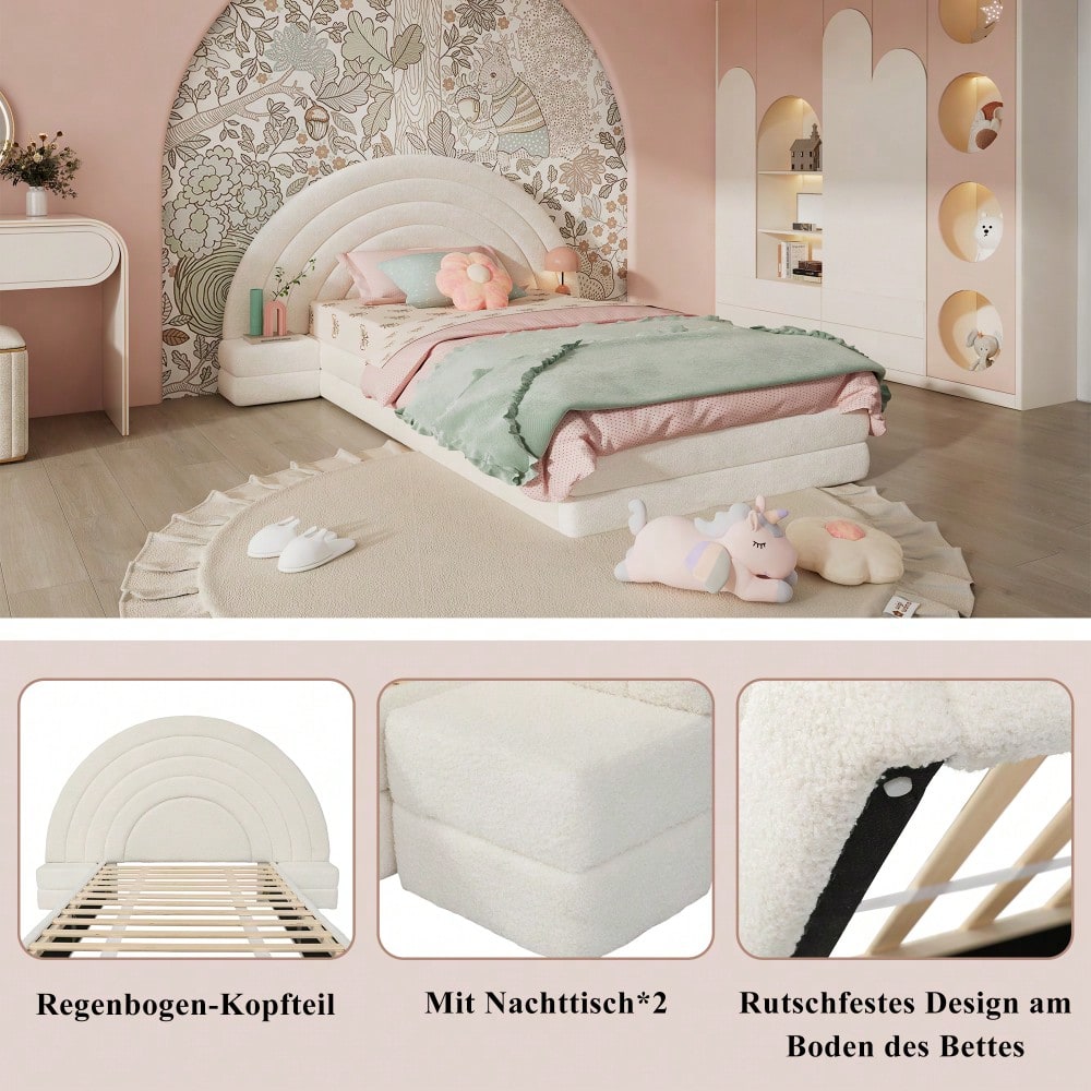 Einzelbett Polsterbett, Bettkopf in Regenbogenform, mit beidseitigen Tischen, einfach, stilvoll und bequem, Modernes Bettgestell, Vliesimitat, Beige, 90x200cm