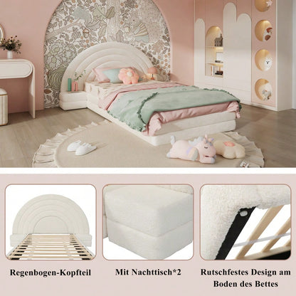 Einzelbett Polsterbett, Bettkopf in Regenbogenform, mit beidseitigen Tischen, einfach, stilvoll und bequem, Modernes Bettgestell, Vliesimitat, Beige, 90x200cm