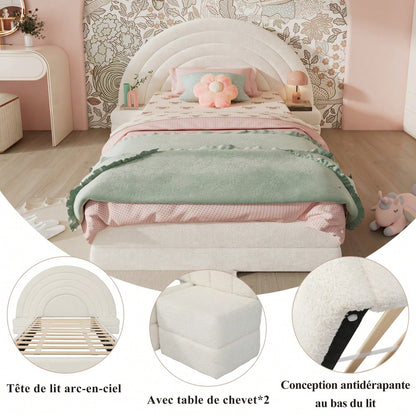 Einzelbett Polsterbett, Bettkopf in Regenbogenform, mit beidseitigen Tischen, einfach, stilvoll und bequem, Modernes Bettgestell, Vliesimitat, Beige, 90x200cm