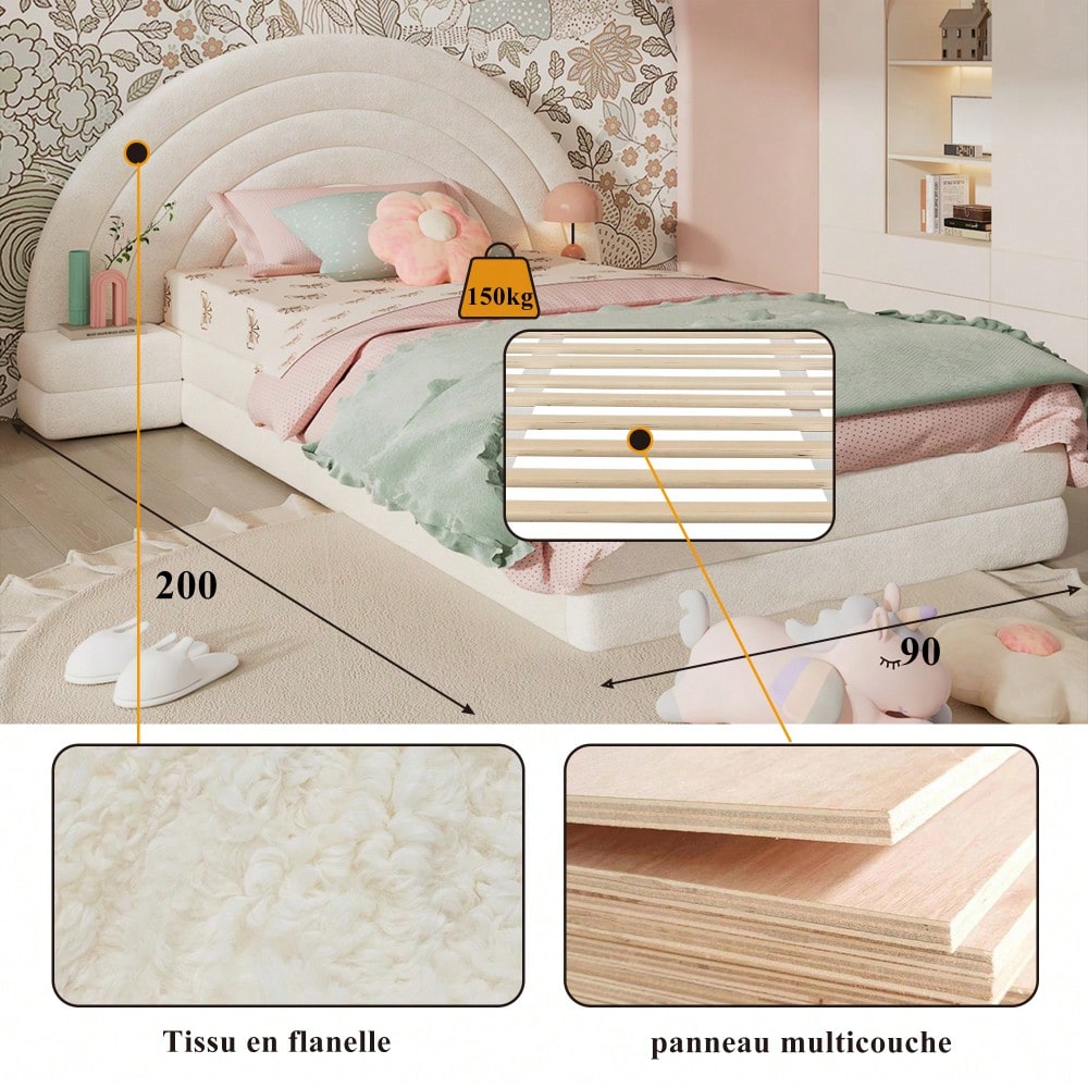 Einzelbett Polsterbett, Bettkopf in Regenbogenform, mit beidseitigen Tischen, einfach, stilvoll und bequem, Modernes Bettgestell, Vliesimitat, Beige, 90x200cm