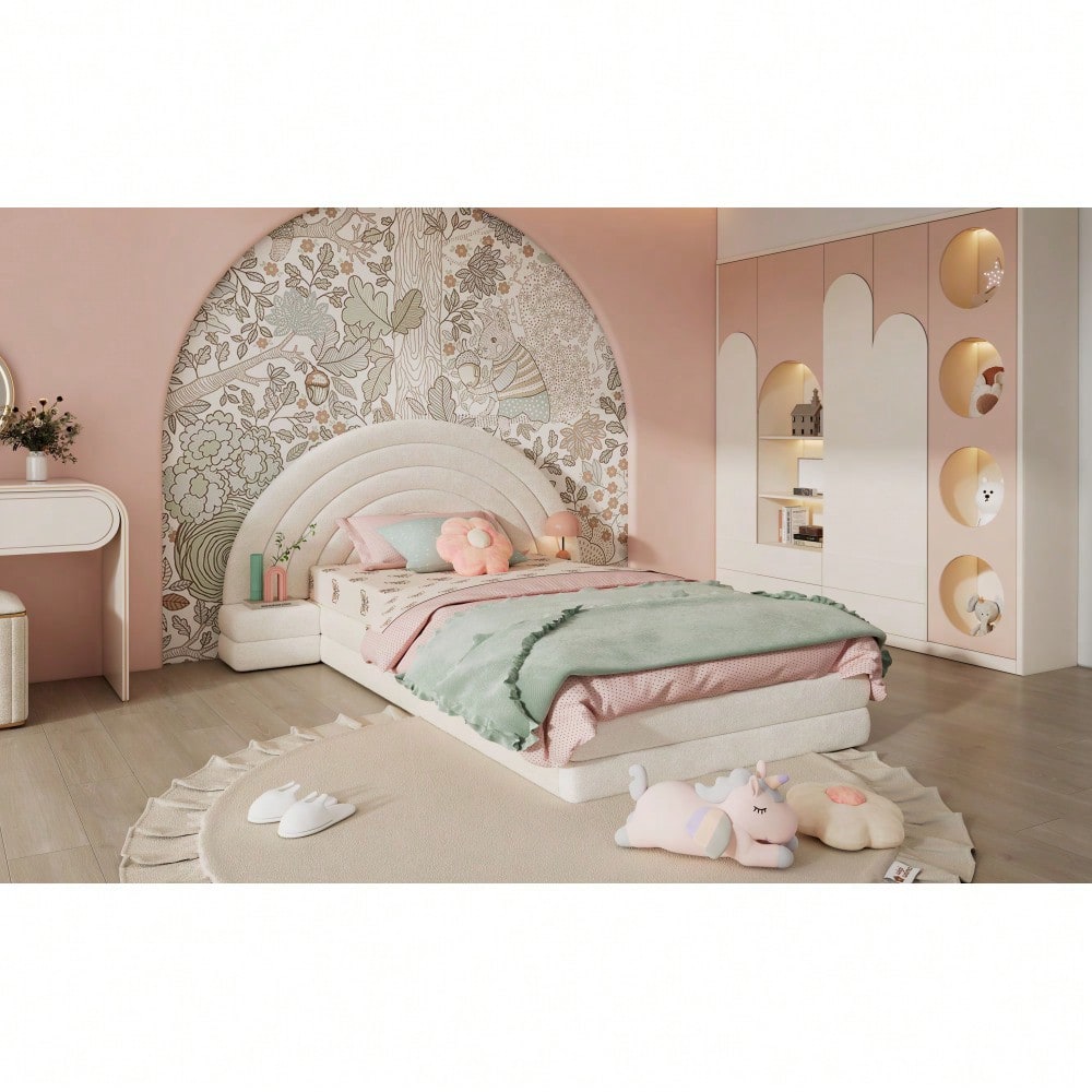 Einzelbett Polsterbett, Bettkopf in Regenbogenform, mit beidseitigen Tischen, einfach, stilvoll und bequem, Modernes Bettgestell, Vliesimitat, Beige, 90x200cm