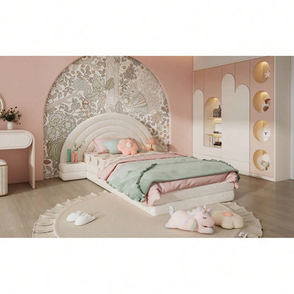 Einzelbett Polsterbett, Bettkopf in Regenbogenform, mit beidseitigen Tischen, einfach, stilvoll und bequem, Modernes Bettgestell, Vliesimitat, Beige, 90x200cm