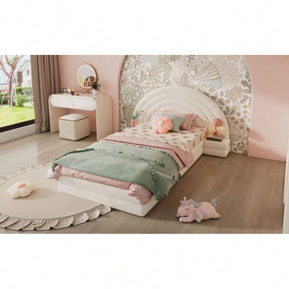 Einzelbett Polsterbett, Bettkopf in Regenbogenform, mit beidseitigen Tischen, einfach, stilvoll und bequem, Modernes Bettgestell, Vliesimitat, Beige, 90x200cm