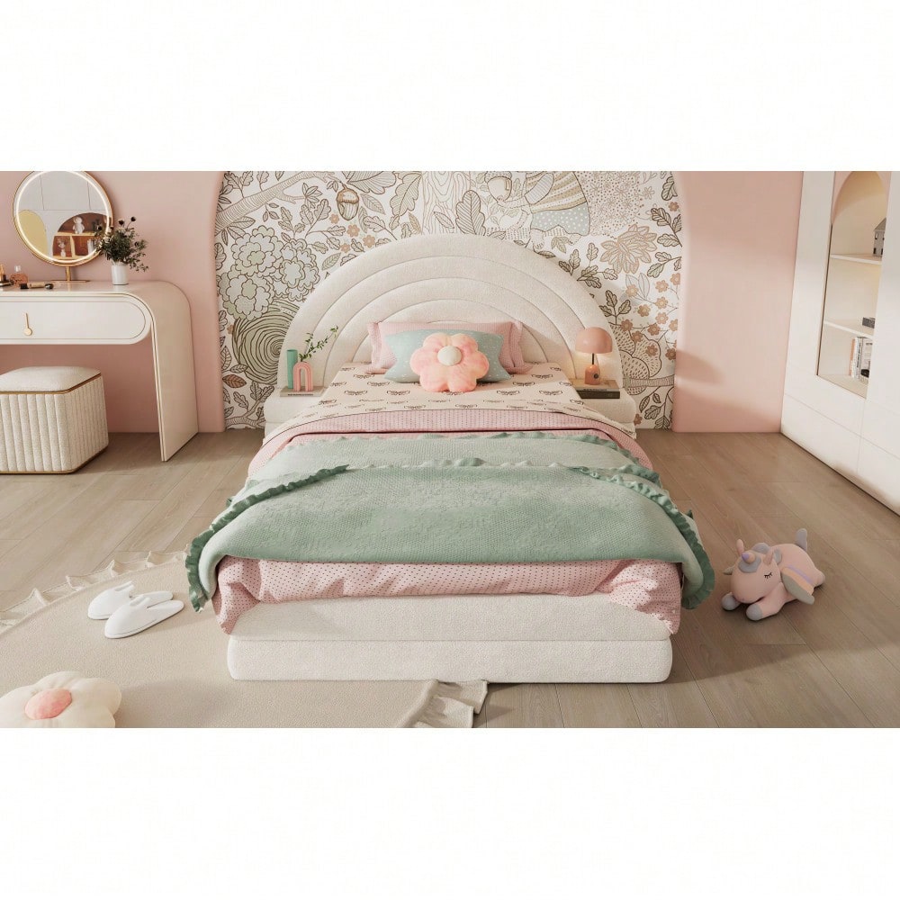Einzelbett Polsterbett, Bettkopf in Regenbogenform, mit beidseitigen Tischen, einfach, stilvoll und bequem, Modernes Bettgestell, Vliesimitat, Beige, 90x200cm