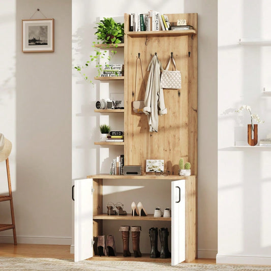 75*33*180cm Garderobenständer mit Garderobe, Schuhaufbewahrung, Flurausstattung mit Kleiderhaken, Flurschrank mit 5-lagiger Stauraumeinteilung und Stauraumschränken, Original Holzfarbe + weißes