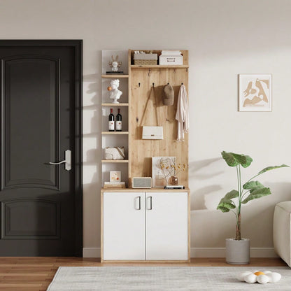 75*33*180cm Garderobenständer mit Garderobe, Schuhaufbewahrung, Flurausstattung mit Kleiderhaken, Flurschrank mit 5-lagiger Stauraumeinteilung und Stauraumschränken, Original Holzfarbe + weißes
