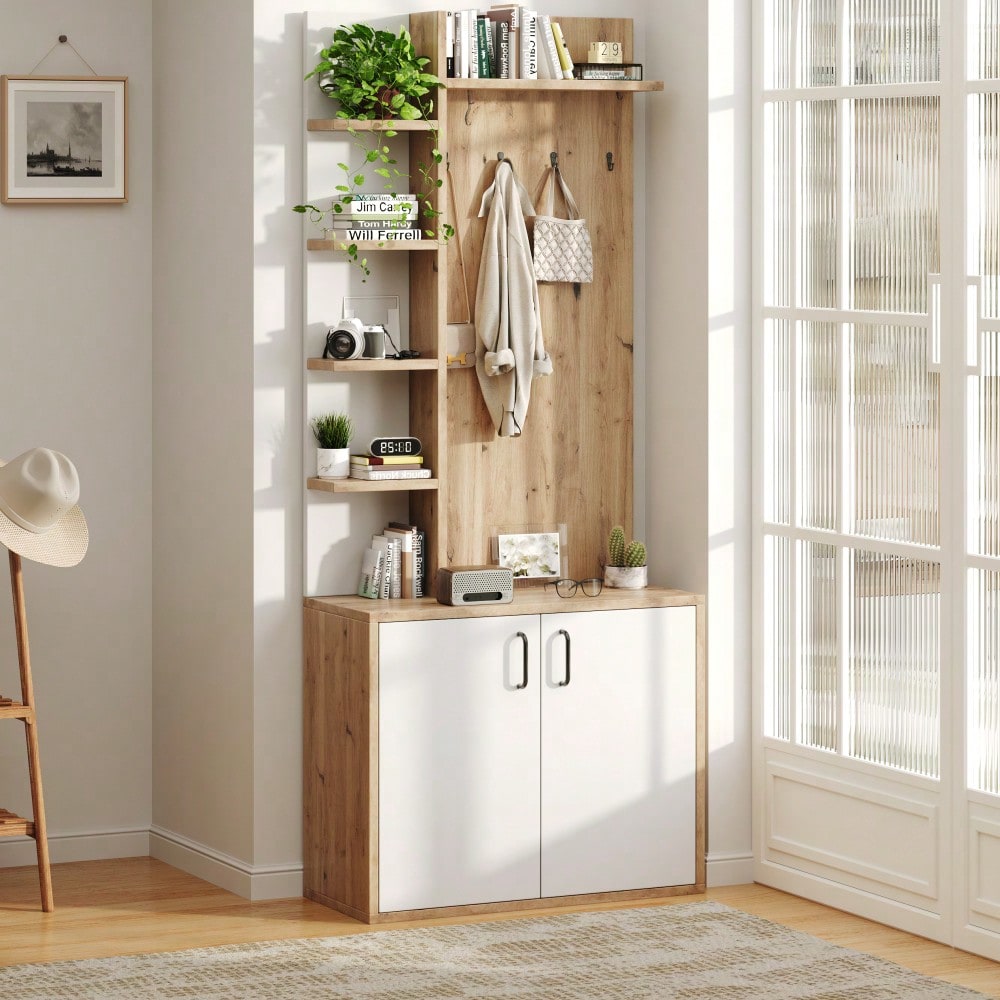 75*33*180cm Garderobenständer mit Garderobe, Schuhaufbewahrung, Flurausstattung mit Kleiderhaken, Flurschrank mit 5-lagiger Stauraumeinteilung und Stauraumschränken, Original Holzfarbe + weißes